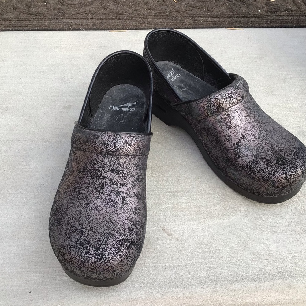 Dansko Black Metallic Purple Crackle Clogs